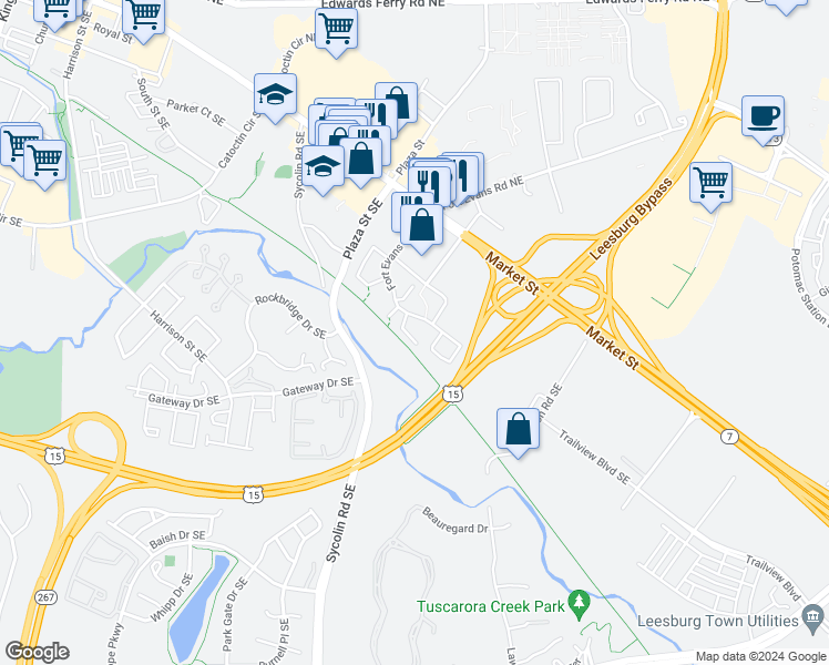 map of restaurants, bars, coffee shops, grocery stores, and more near 117 Prosperity Avenue Southeast in Leesburg