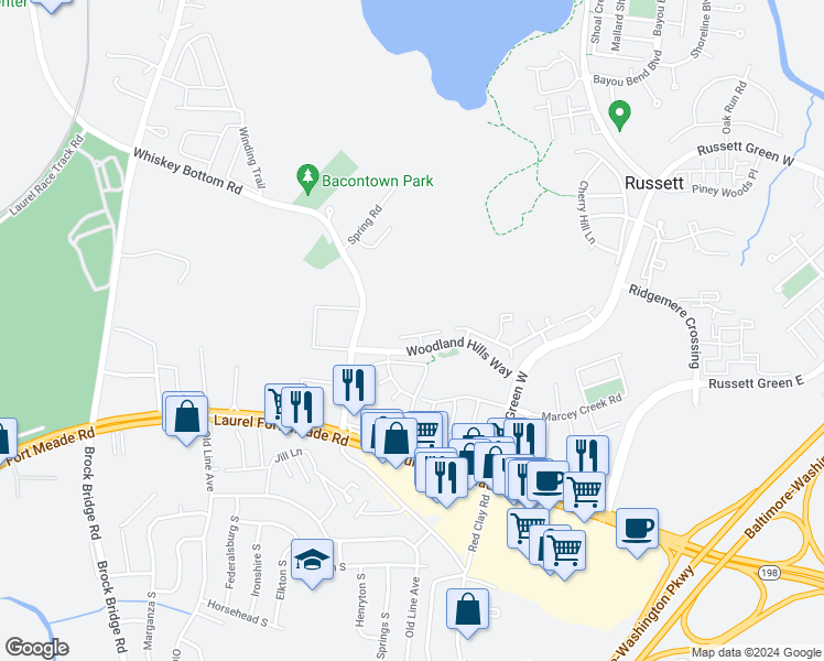 map of restaurants, bars, coffee shops, grocery stores, and more near 3610 Chase Hills Drive in Laurel