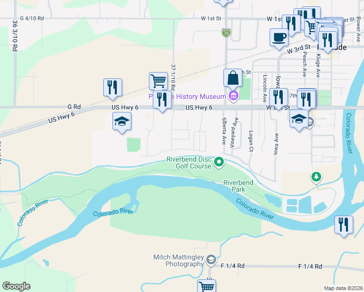 map of restaurants, bars, coffee shops, grocery stores, and more near 3707 G Road in Palisade