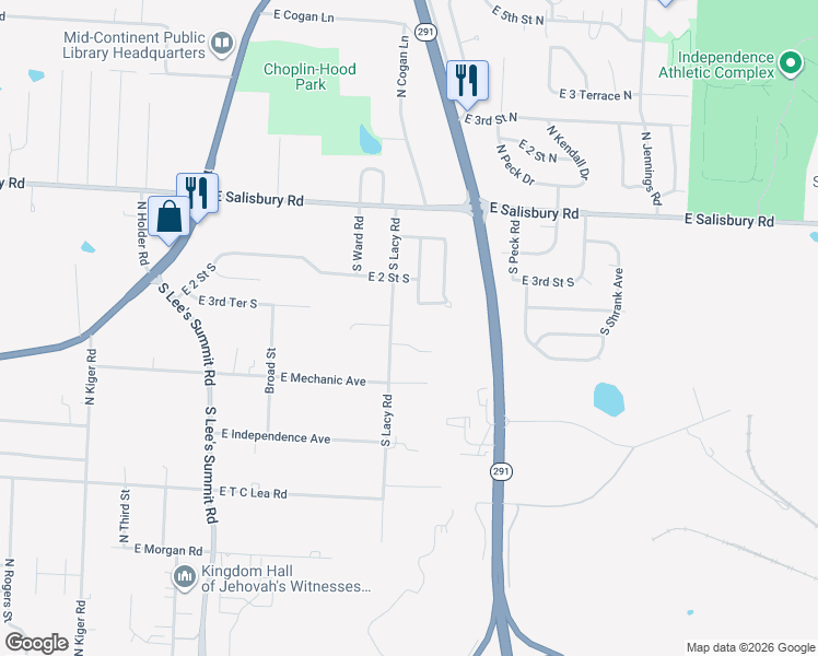 map of restaurants, bars, coffee shops, grocery stores, and more near 305 South Lacy Road in Independence