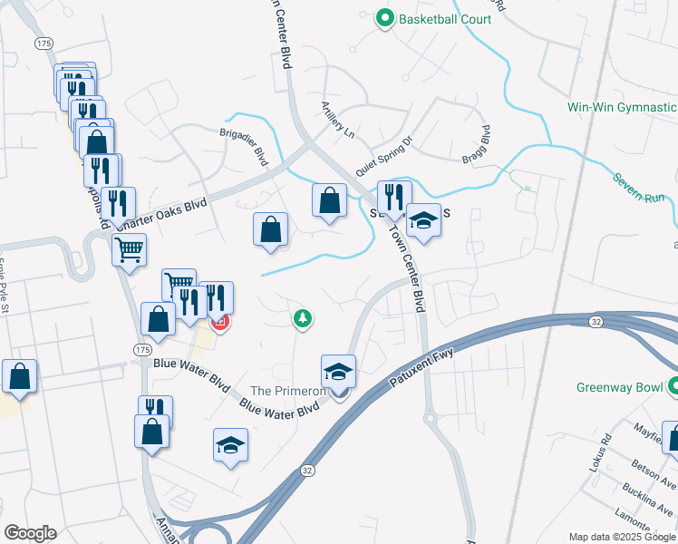 map of restaurants, bars, coffee shops, grocery stores, and more near 201 Edge Creek Lane in Odenton