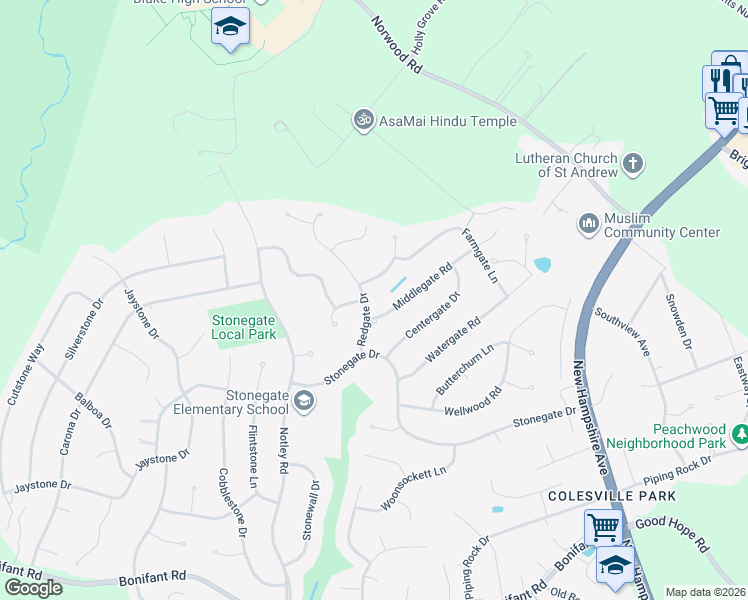 map of restaurants, bars, coffee shops, grocery stores, and more near 15019 Redgate Dr in Silver Spring