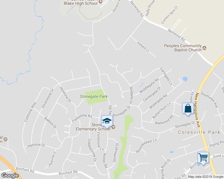 map of restaurants, bars, coffee shops, grocery stores, and more near 14927 Notley Road in Silver Spring