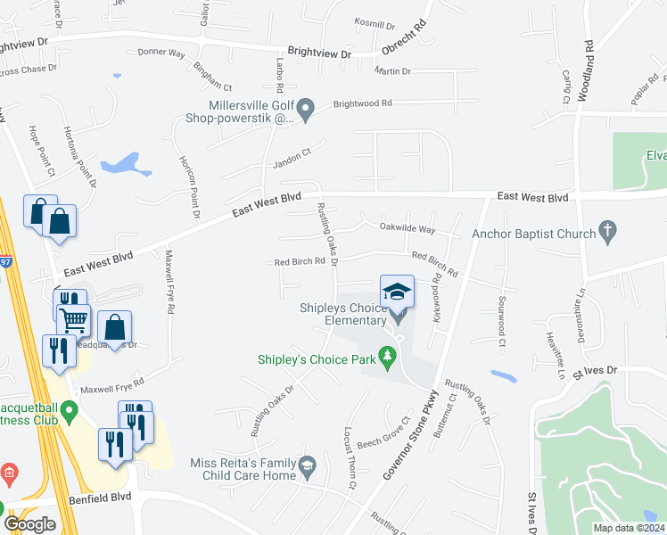 map of restaurants, bars, coffee shops, grocery stores, and more near 931 Rustling Oaks Drive in Millersville