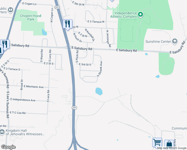 map of restaurants, bars, coffee shops, grocery stores, and more near 17000 E 4th Street South in Independence