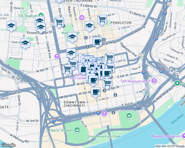map of restaurants, bars, coffee shops, grocery stores, and more near 19 West 7th Street in Cincinnati