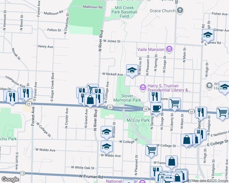 map of restaurants, bars, coffee shops, grocery stores, and more near 1112 North Union Street in Independence