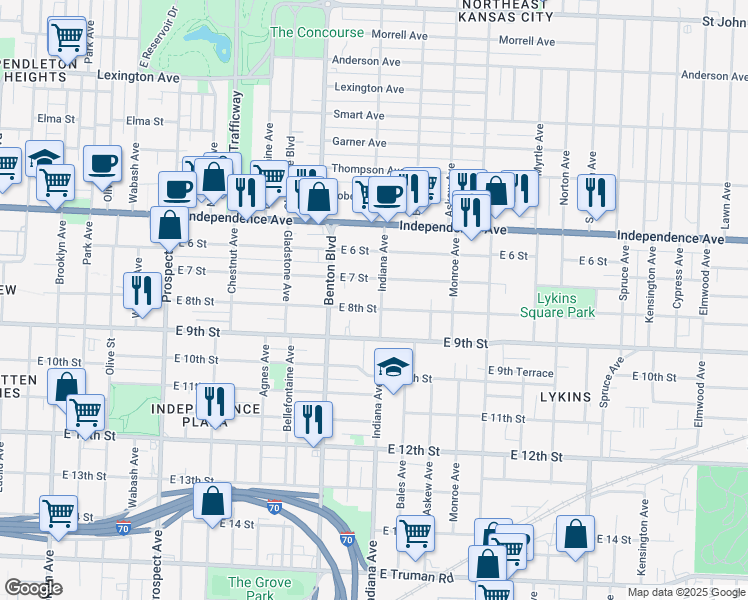 map of restaurants, bars, coffee shops, grocery stores, and more near 717 Indiana Avenue in Kansas City