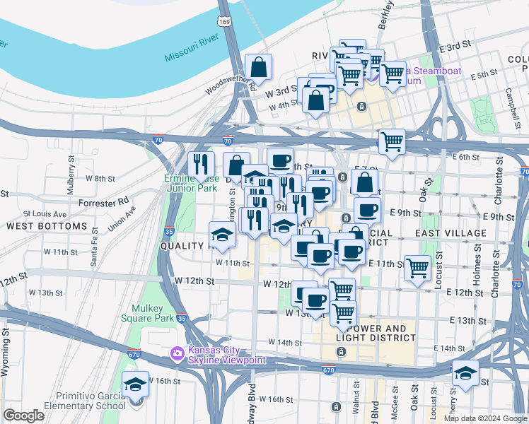 map of restaurants, bars, coffee shops, grocery stores, and more near 900 Broadway Boulevard in Kansas City