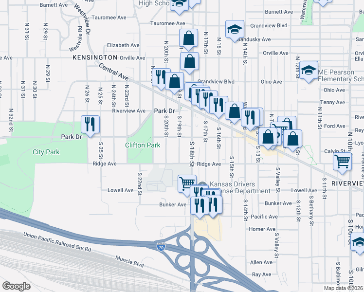 map of restaurants, bars, coffee shops, grocery stores, and more near 63 South 19th Street in Kansas City