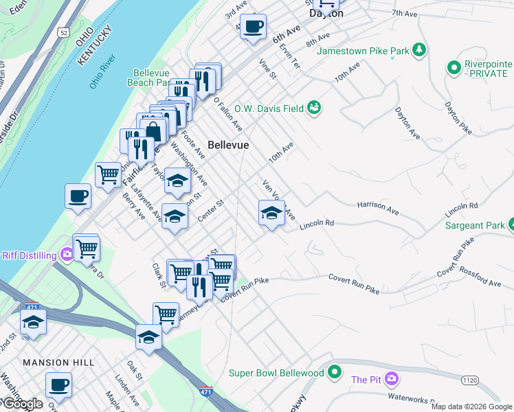map of restaurants, bars, coffee shops, grocery stores, and more near 440 Ward Ave in Bellevue