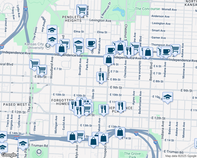 map of restaurants, bars, coffee shops, grocery stores, and more near 800 Wabash Avenue in Kansas City