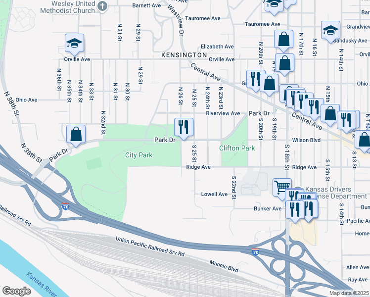 map of restaurants, bars, coffee shops, grocery stores, and more near 61 South 26th Street in Kansas City