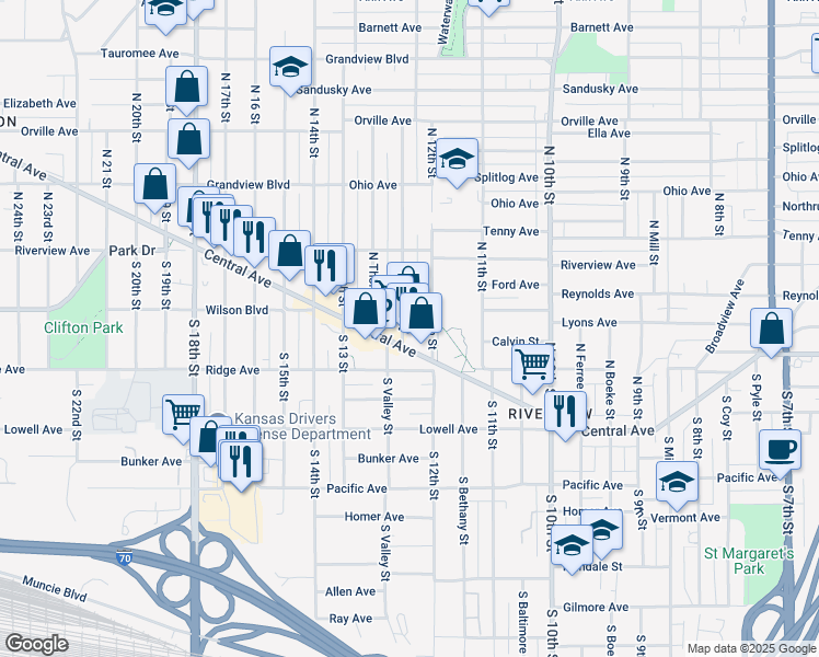 map of restaurants, bars, coffee shops, grocery stores, and more near 15 North Valley Street in Kansas City