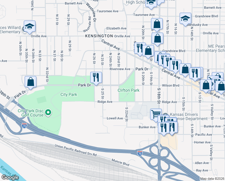 map of restaurants, bars, coffee shops, grocery stores, and more near 59 South 24th Street in Kansas City