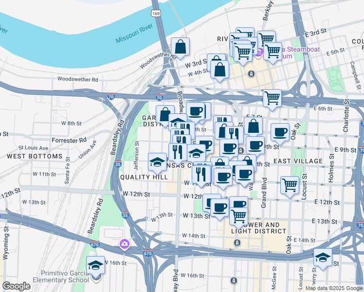 map of restaurants, bars, coffee shops, grocery stores, and more near 900 Broadway Boulevard in Kansas City