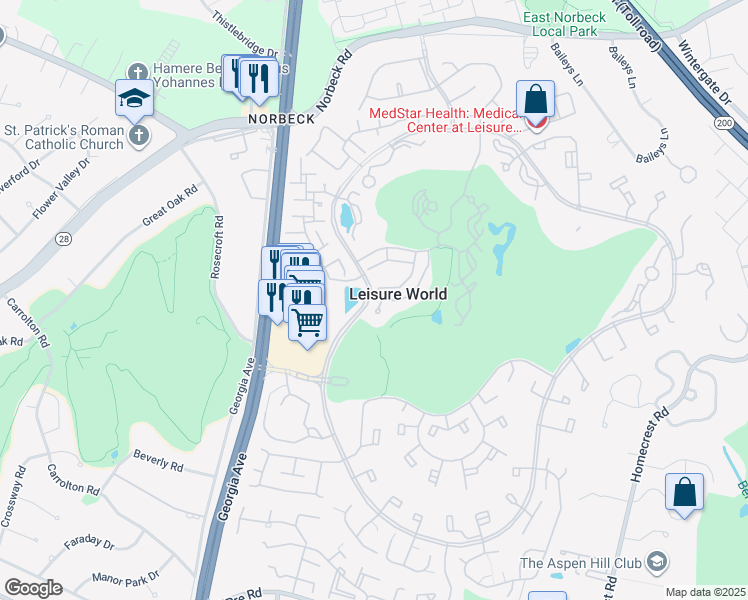 map of restaurants, bars, coffee shops, grocery stores, and more near 15107 Interlachen Drive in Silver Spring
