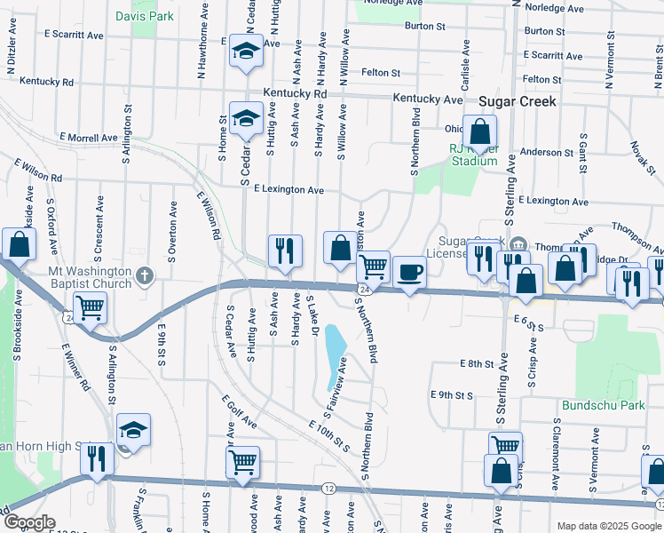 map of restaurants, bars, coffee shops, grocery stores, and more near 548 South Willow Avenue in Sugar Creek
