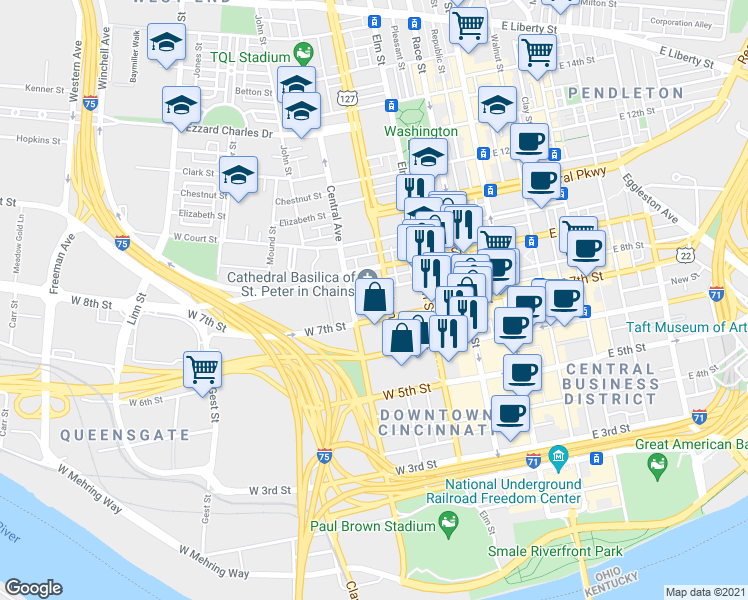 map of restaurants, bars, coffee shops, grocery stores, and more near 319 West 8th Street in Cincinnati