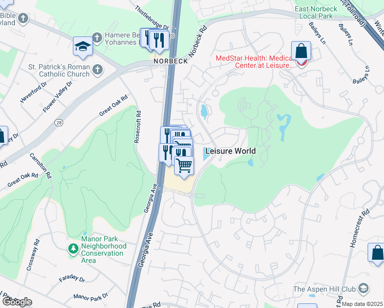 map of restaurants, bars, coffee shops, grocery stores, and more near 3701 International Drive in Silver Spring