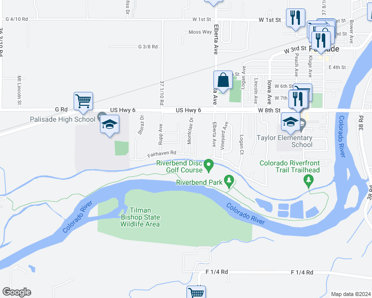 map of restaurants, bars, coffee shops, grocery stores, and more near 868 Montclair Drive in Palisade