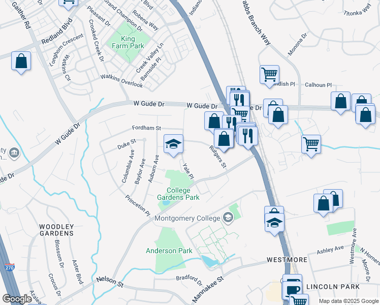 map of restaurants, bars, coffee shops, grocery stores, and more near 1731 Yale Place in Rockville