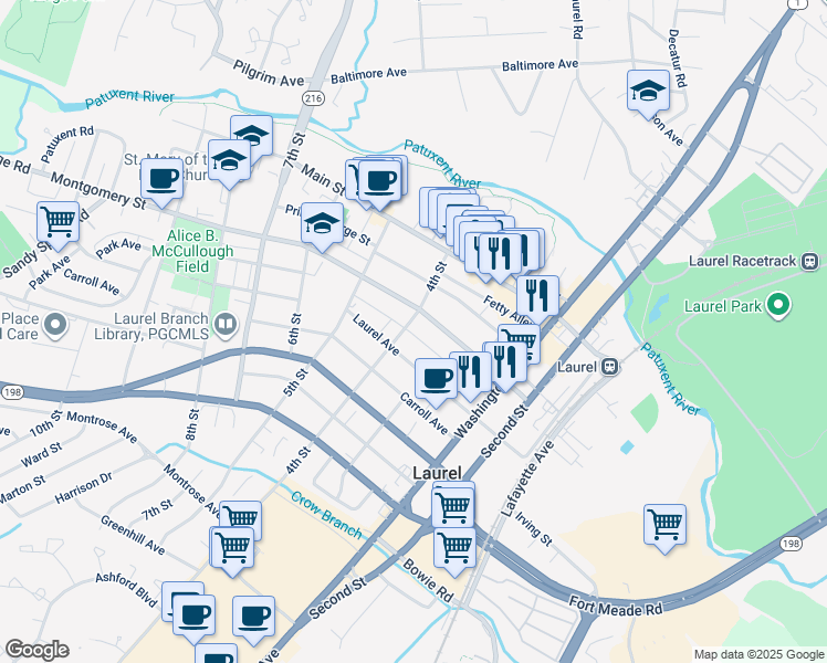 map of restaurants, bars, coffee shops, grocery stores, and more near 308 4th Street in Laurel