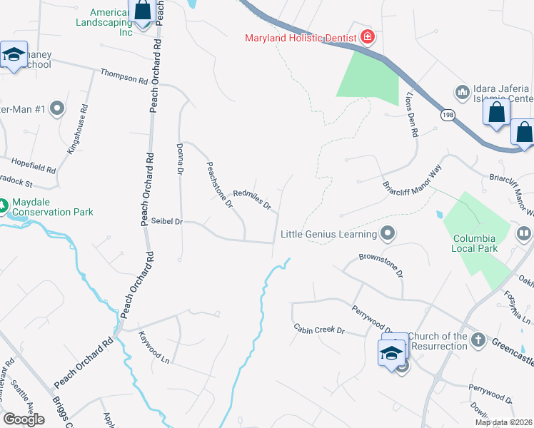 map of restaurants, bars, coffee shops, grocery stores, and more near 2613 Redmiles Drive in Silver Spring