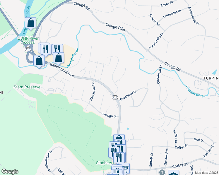 map of restaurants, bars, coffee shops, grocery stores, and more near 5576 Beechmont Avenue in Cincinnati