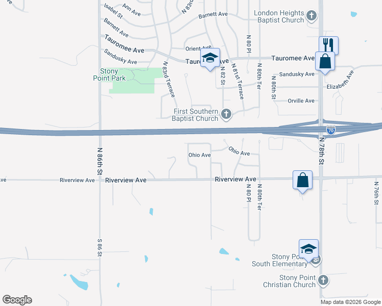 map of restaurants, bars, coffee shops, grocery stores, and more near 8244 Ohio Avenue in Kansas City