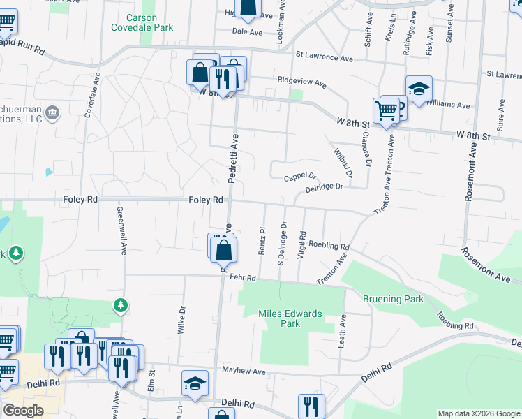 map of restaurants, bars, coffee shops, grocery stores, and more near 4447 Foley Road in Cincinnati