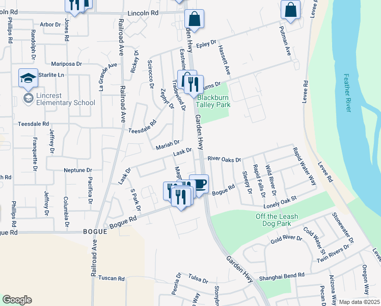 map of restaurants, bars, coffee shops, grocery stores, and more near 620 Lask Drive in Yuba City