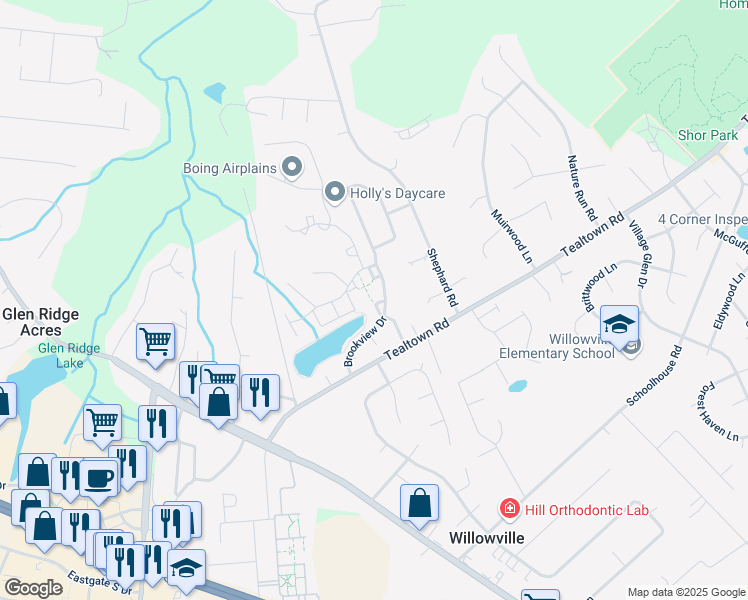 map of restaurants, bars, coffee shops, grocery stores, and more near 4599 Roxbury Circle in Batavia