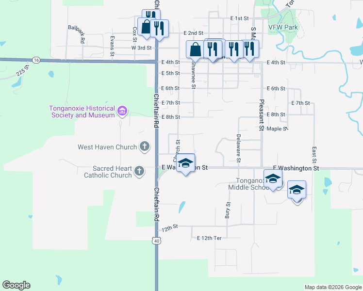 map of restaurants, bars, coffee shops, grocery stores, and more near 911 Church Street in Tonganoxie
