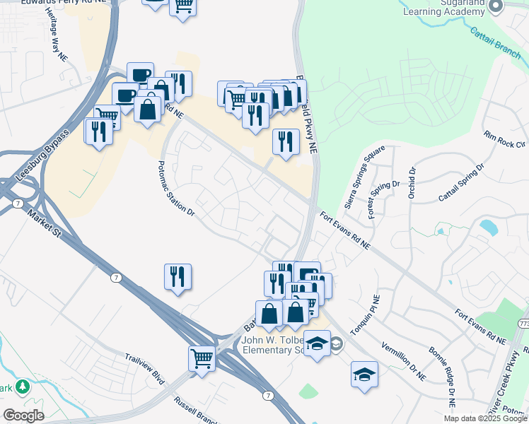 map of restaurants, bars, coffee shops, grocery stores, and more near 550 Kalmia Square Northeast in Leesburg