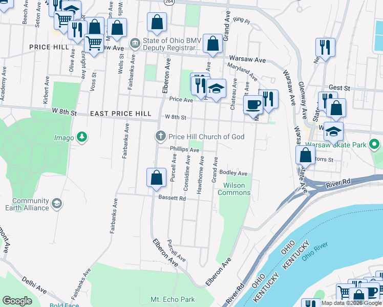 map of restaurants, bars, coffee shops, grocery stores, and more near 578 Considine Avenue in Cincinnati