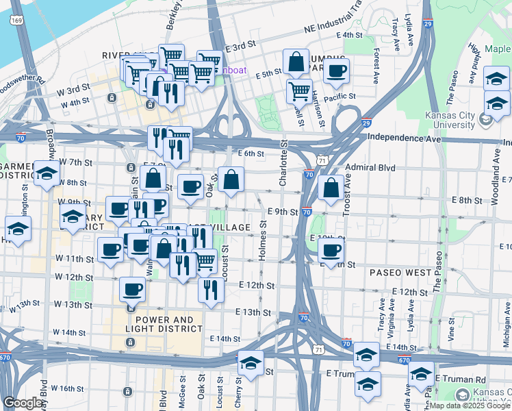 map of restaurants, bars, coffee shops, grocery stores, and more near 612 East 9th Street in Kansas City
