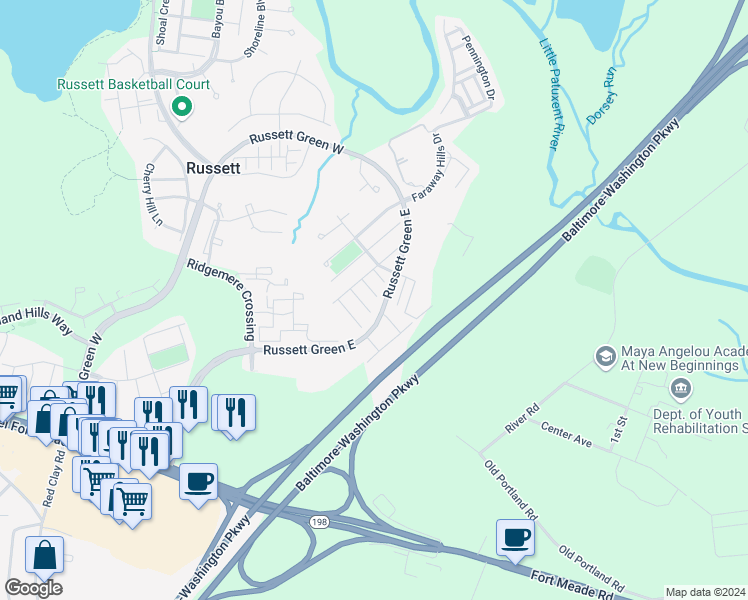 map of restaurants, bars, coffee shops, grocery stores, and more near 8332 Cloud Street in Laurel