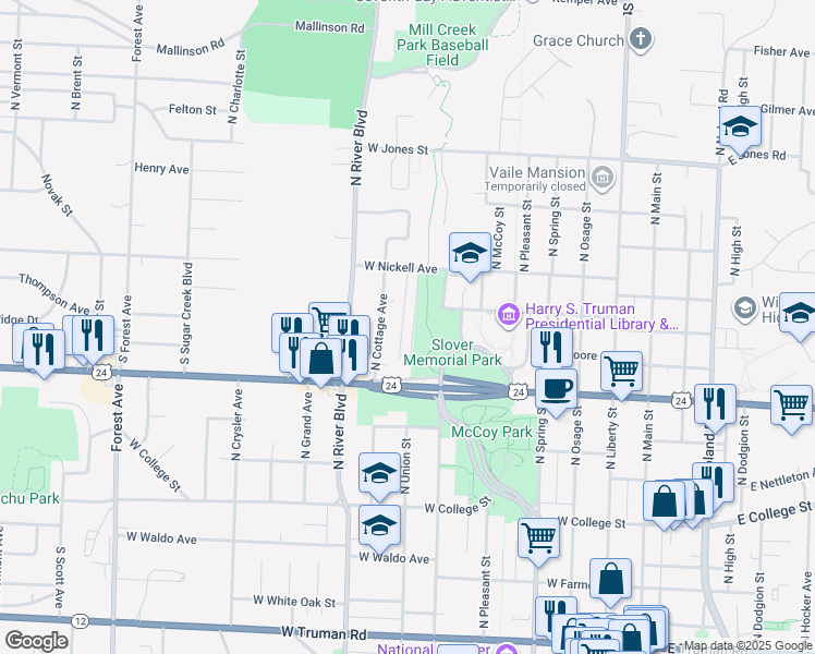 map of restaurants, bars, coffee shops, grocery stores, and more near 1112 North Union Street in Independence