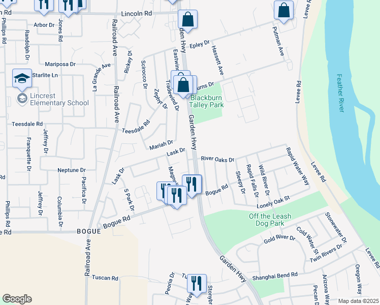 map of restaurants, bars, coffee shops, grocery stores, and more near 620 Lask Drive in Yuba City