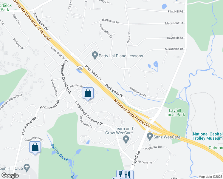 map of restaurants, bars, coffee shops, grocery stores, and more near Park Vista Drive in Aspen Hill