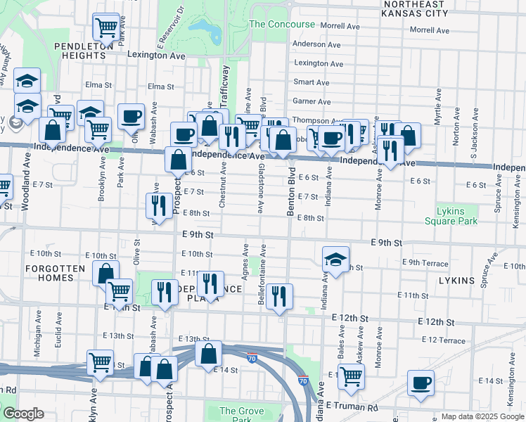 map of restaurants, bars, coffee shops, grocery stores, and more near 2840 East 8th Street in Kansas City