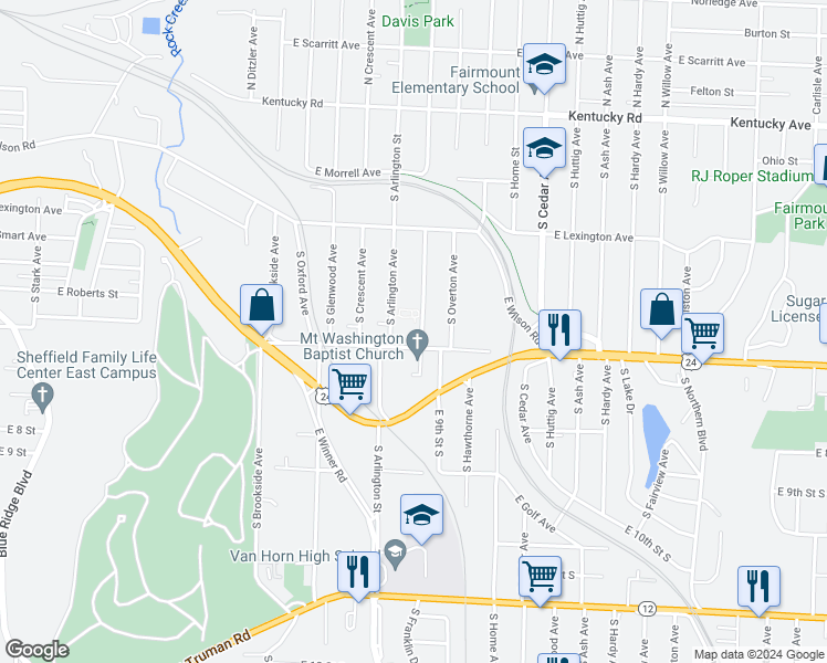 map of restaurants, bars, coffee shops, grocery stores, and more near 570 South Evanston Avenue in Independence