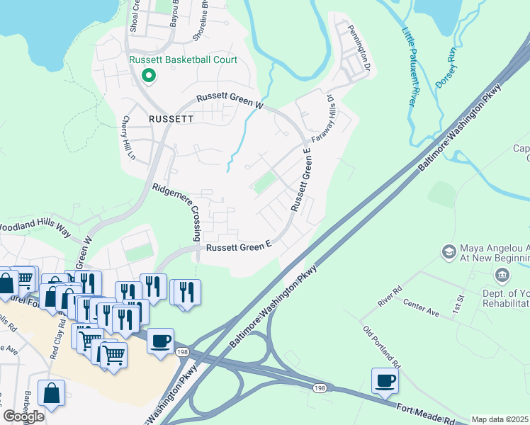map of restaurants, bars, coffee shops, grocery stores, and more near 8307 Frostwood Drive in Laurel