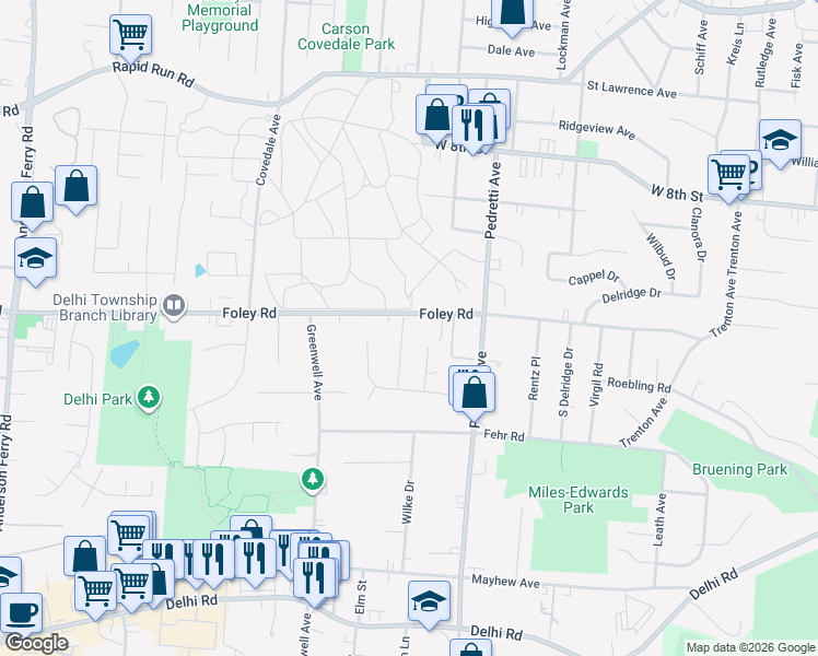 map of restaurants, bars, coffee shops, grocery stores, and more near 588 Orchard View Place in Cincinnati