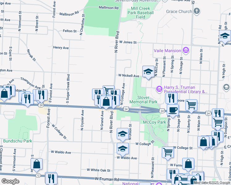 map of restaurants, bars, coffee shops, grocery stores, and more near 1115 North River Boulevard in Independence