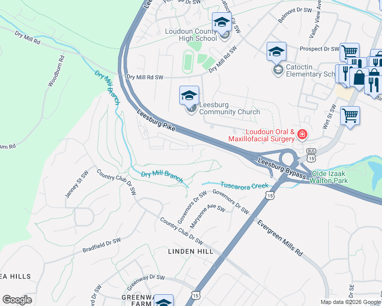 map of restaurants, bars, coffee shops, grocery stores, and more near 123 Clubhouse Drive Southwest in Leesburg