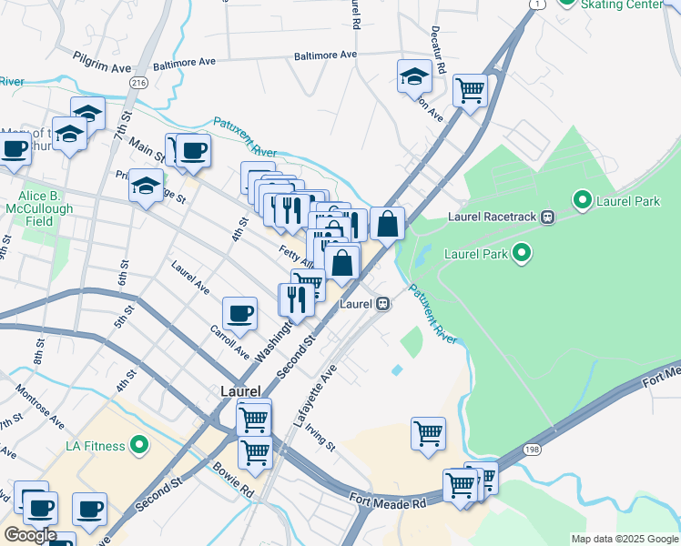 map of restaurants, bars, coffee shops, grocery stores, and more near 210 Main Street in Laurel