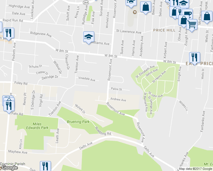 map of restaurants, bars, coffee shops, grocery stores, and more near 549 Rosemont Avenue in Cincinnati
