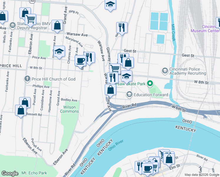 map of restaurants, bars, coffee shops, grocery stores, and more near 704 State Avenue in Cincinnati